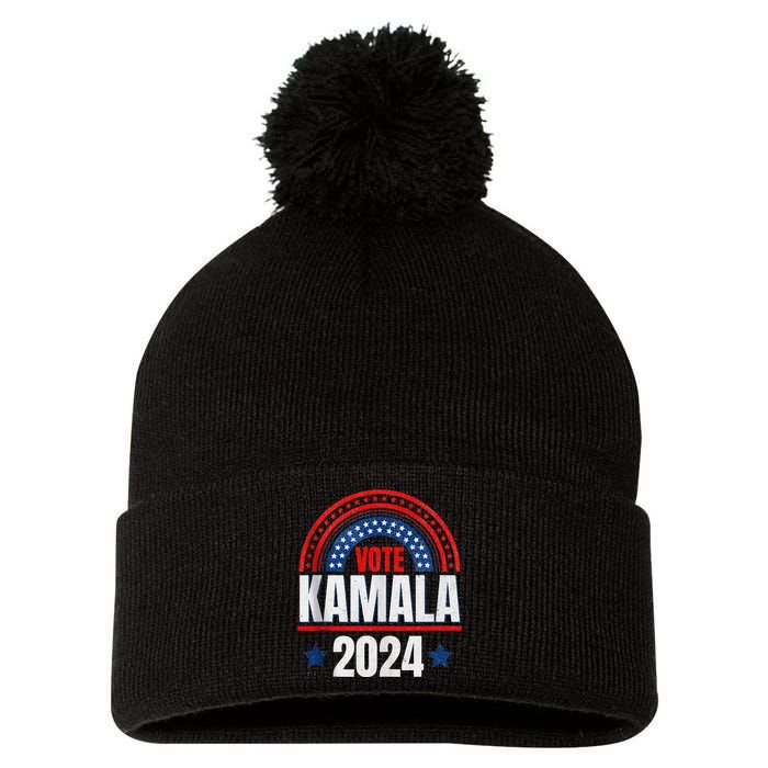 Kamala Harris 2024 Vote For President Election Retro Rainbow Pom Pom 12in Knit Beanie