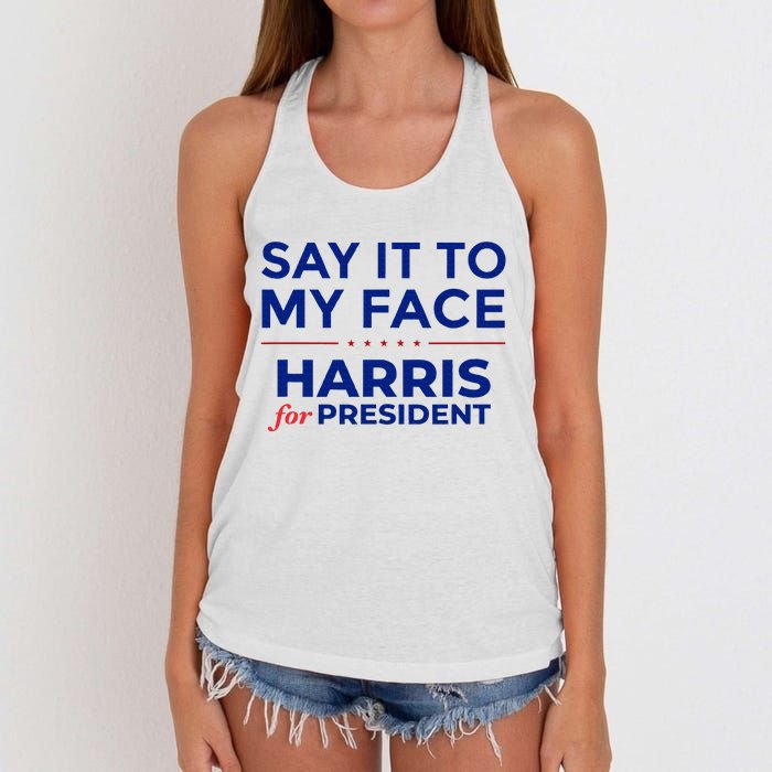 Kamala Harris 2024 Say It To My Face Debate Me Women's Knotted Racerback Tank