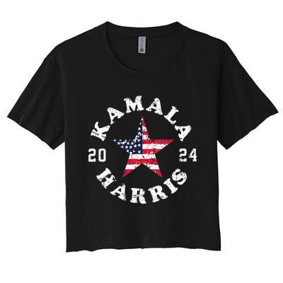 Kamala Harris 2024 President American Flag Vote Kamala Vneck Women's Crop Top Tee