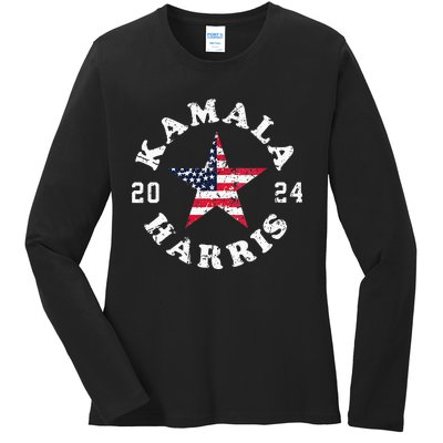 Kamala Harris 2024 President American Flag Vote Kamala Vneck Ladies Long Sleeve Shirt