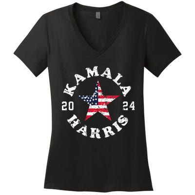 Kamala Harris 2024 President American Flag Vote Kamala Vneck Women's V-Neck T-Shirt