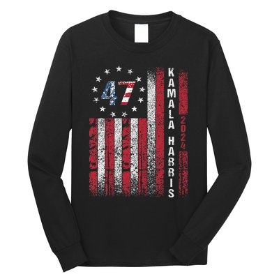 Kamala Harris 2024 For President American Flag Distressed Long Sleeve Shirt