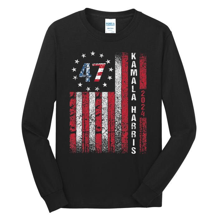 Kamala Harris 2024 For President American Flag Distressed Tall Long Sleeve T-Shirt