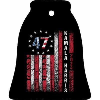 Kamala Harris 2024 For President American Flag Distressed Ceramic Bell Ornament