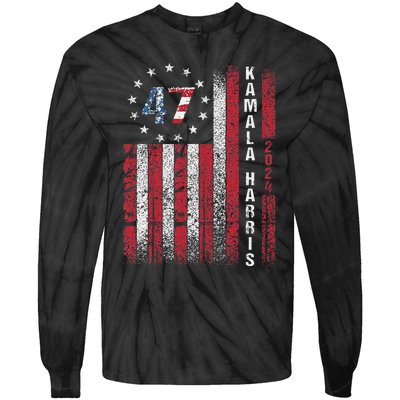 Kamala Harris 2024 For President American Flag Distressed Tie-Dye Long Sleeve Shirt