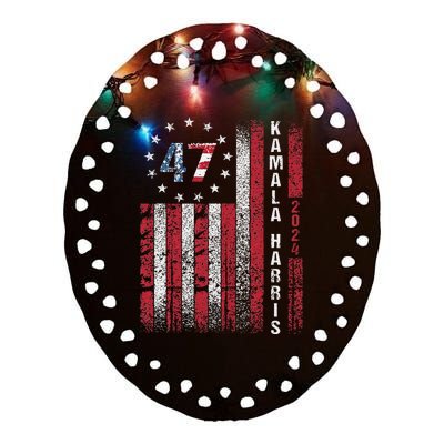 Kamala Harris 2024 For President American Flag Distressed Ceramic Oval Ornament