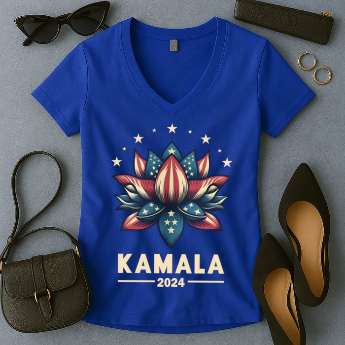 Kamala Harris 2024 Presidential Campaign American Lotus Women's V-Neck T-Shirt