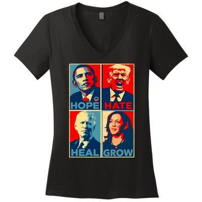 Kamala Harris 2024 President Campaign Hope Hate Heal Grow Women's V-Neck T-Shirt