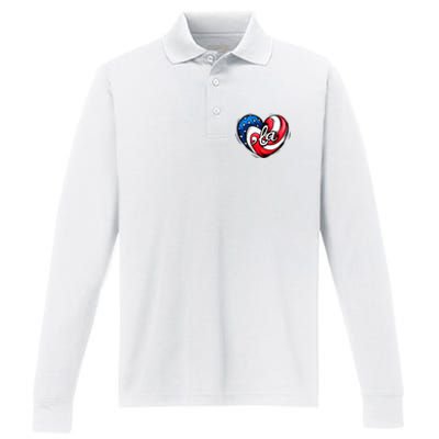 Kamala Harris 2024 American Flag Heart Comma La Patriotic Performance Long Sleeve Polo