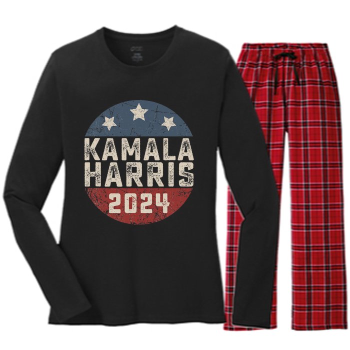 Kamala Harris 2024 For President Retro Button Election Women's Long Sleeve Flannel Pajama Set 