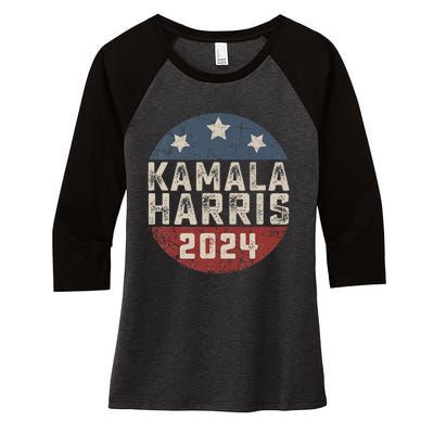 Kamala Harris 2024 For President Retro Button Election Women's Tri-Blend 3/4-Sleeve Raglan Shirt