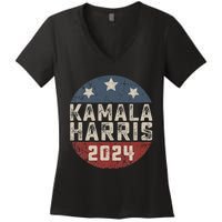 Kamala Harris 2024 For President Retro Button Election Women's V-Neck T-Shirt