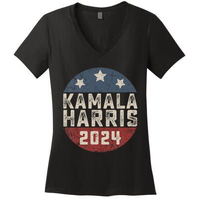 Kamala Harris 2024 For President Retro Button Election Women's V-Neck T-Shirt