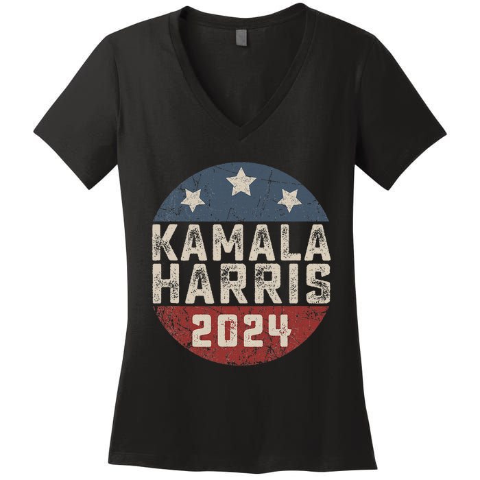 Kamala Harris 2024 For President Retro Button Election Women's V-Neck T-Shirt