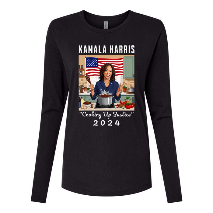 Kamala Harris 2024 Cooking Up Justice Fun Political Womens Cotton Relaxed Long Sleeve T-Shirt