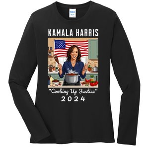 Kamala Harris 2024 Cooking Up Justice Fun Political Ladies Long Sleeve Shirt