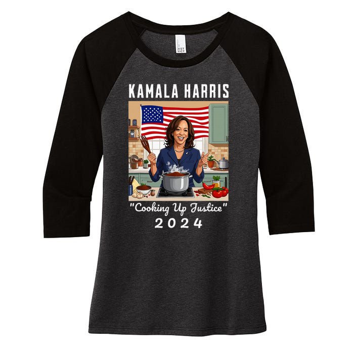 Kamala Harris 2024 Cooking Up Justice Fun Political Women's Tri-Blend 3/4-Sleeve Raglan Shirt