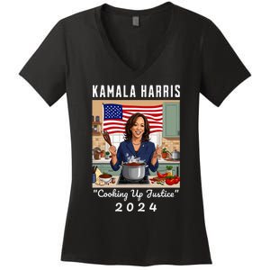 Kamala Harris 2024 Cooking Up Justice Fun Political Women's V-Neck T-Shirt