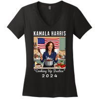 Kamala Harris 2024 Cooking Up Justice Fun Political Women's V-Neck T-Shirt