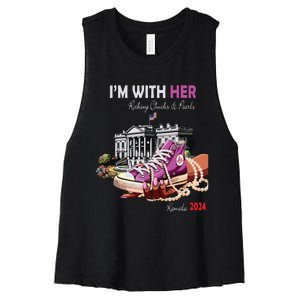 Kamala Harris 2024 IM With Her Rocking Chucks & Pearls Women's Racerback Cropped Tank