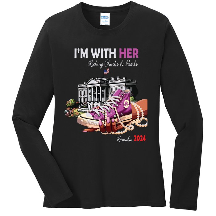 Kamala Harris 2024 IM With Her Rocking Chucks & Pearls Ladies Long Sleeve Shirt