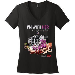 Kamala Harris 2024 IM With Her Rocking Chucks & Pearls Women's V-Neck T-Shirt