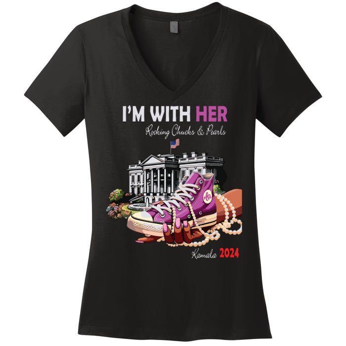 Kamala Harris 2024 IM With Her Rocking Chucks & Pearls Women's V-Neck T-Shirt