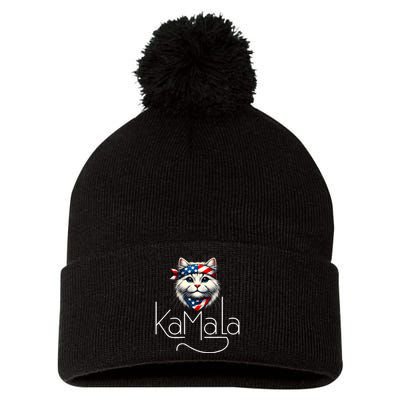 Kamala Harris 2024 Cat Lettering Positive Minimalist Harris Waltz 2024 Pom Pom 12in Knit Beanie