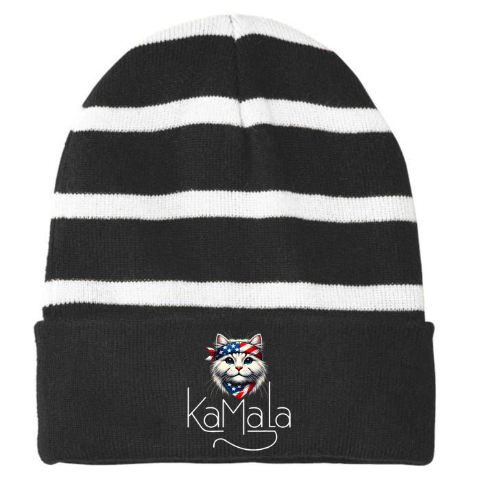 Kamala Harris 2024 Cat Lettering Positive Minimalist Harris Waltz 2024 Striped Beanie with Solid Band