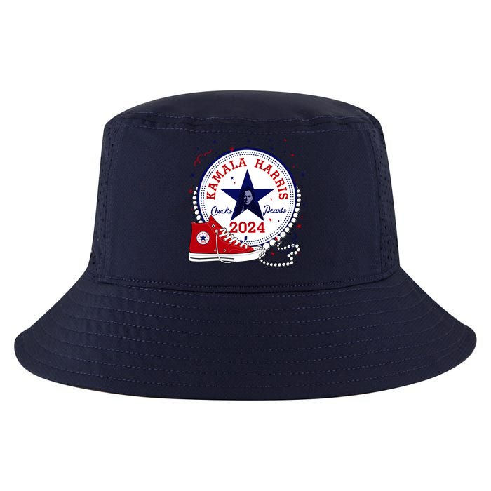 Kamala Harris 2024 Chucks And Pearls Comma La Cat Cool Comfort Performance Bucket Hat