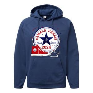 Kamala Harris 2024 Chucks And Pearls Comma La Cat Performance Fleece Hoodie