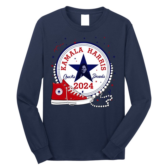 Kamala Harris 2024 Chucks And Pearls Comma La Cat Long Sleeve Shirt