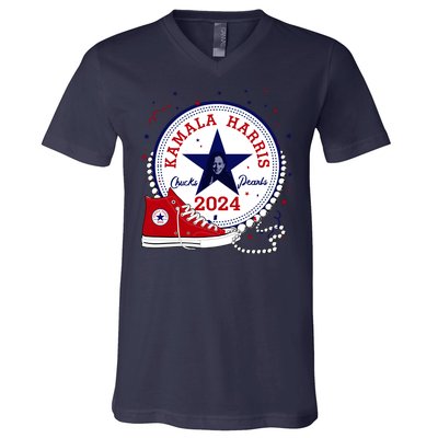 Kamala Harris 2024 Chucks And Pearls Comma La Cat V-Neck T-Shirt