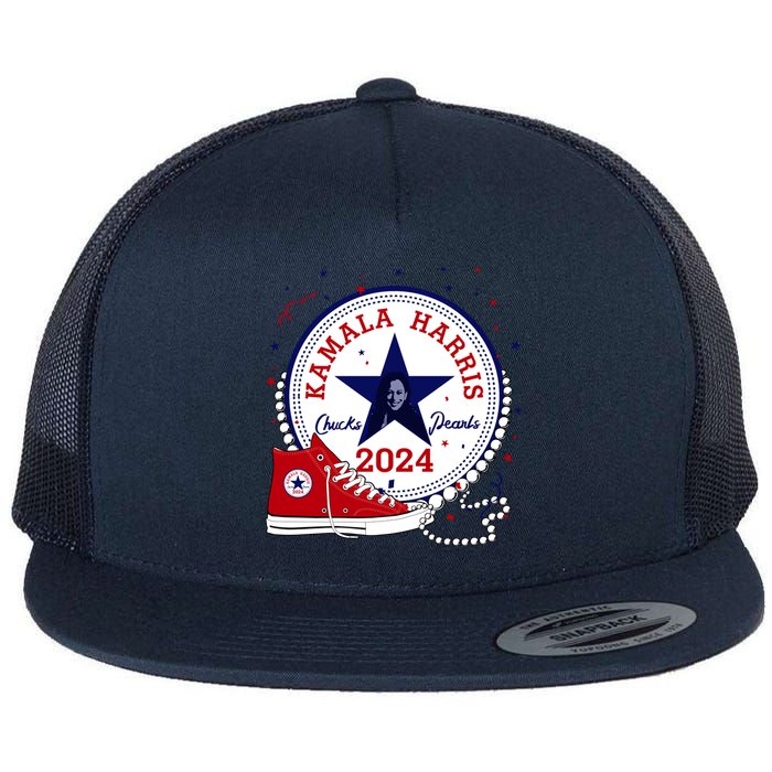 Kamala Harris 2024 Chucks And Pearls Comma La Cat Flat Bill Trucker Hat