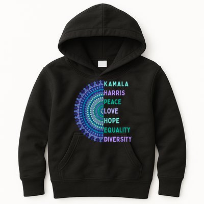 Kamala Harris 2024. Peace Love Hope Equality Diversity Kids Hoodie