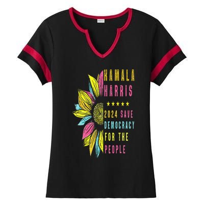 Kamala Harris 2024 Save Democracy For The People Sunflower Ladies Halftime Notch Neck Tee