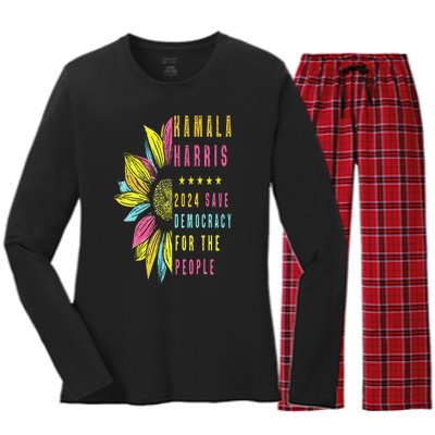 Kamala Harris 2024 Save Democracy For The People Sunflower Women's Long Sleeve Flannel Pajama Set 