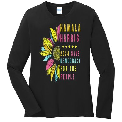 Kamala Harris 2024 Save Democracy For The People Sunflower Ladies Long Sleeve Shirt