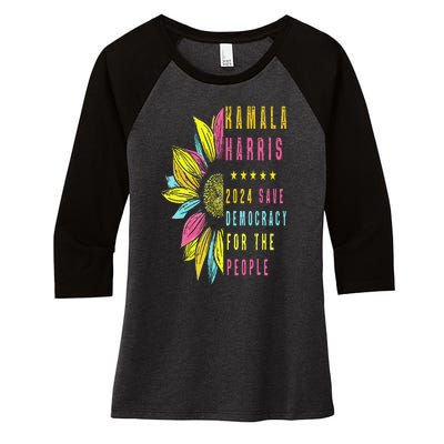 Kamala Harris 2024 Save Democracy For The People Sunflower Women's Tri-Blend 3/4-Sleeve Raglan Shirt