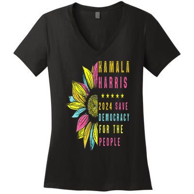 Kamala Harris 2024 Save Democracy For The People Sunflower Women's V-Neck T-Shirt