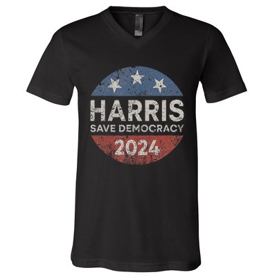 Kamala Harris 2024 Save Democracy Retro Button Election 2024 V-Neck T-Shirt