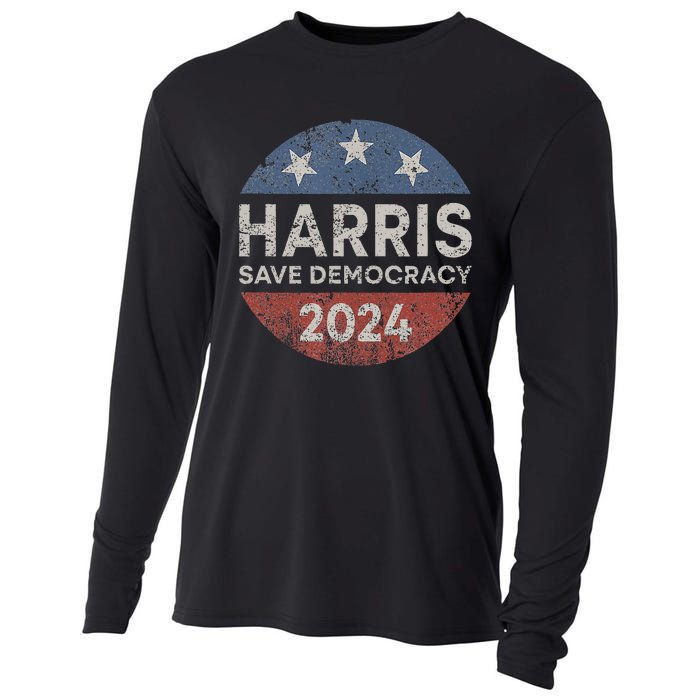 Kamala Harris 2024 Save Democracy Retro Button Election 2024 Cooling Performance Long Sleeve Crew