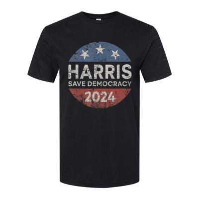 Kamala Harris 2024 Save Democracy Retro Button Election 2024 Softstyle CVC T-Shirt