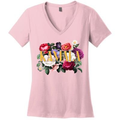Kamala Harris 2024 Cute Beautiful Floral Flowers Women's V-Neck T-Shirt