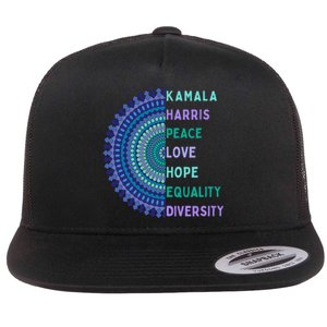 Kamala Harris 2024. Peace Love Hope Equality Diversity Gift Flat Bill Trucker Hat