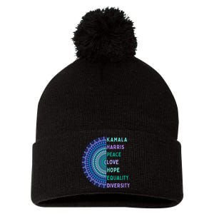 Kamala Harris 2024. Peace Love Hope Equality Diversity Gift Pom Pom 12in Knit Beanie