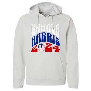 Kamala Harris 2024 Vote Peace Retro Groovy President Women V Neck Performance Fleece Hoodie