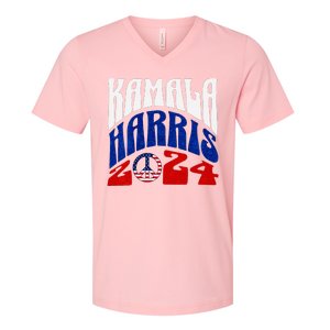 Kamala Harris 2024 Vote Peace Retro Groovy President Women V Neck V-Neck T-Shirt