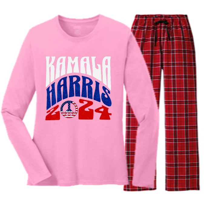 Kamala Harris 2024 Vote Peace Retro Groovy President Women V Neck Women's Long Sleeve Flannel Pajama Set 