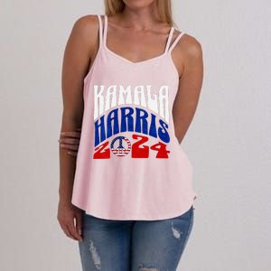 Kamala Harris 2024 Vote Peace Retro Groovy President Women V Neck Women's Strappy Tank